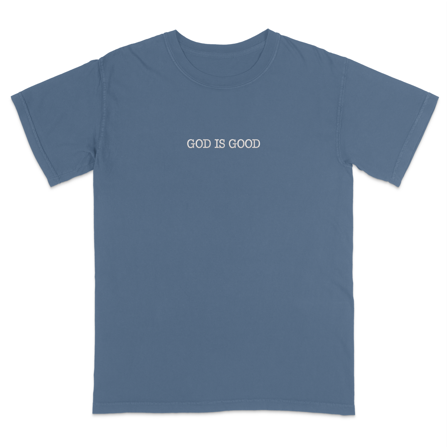 Blue t-shirt with 'GOD IS GOOD' text on a white background