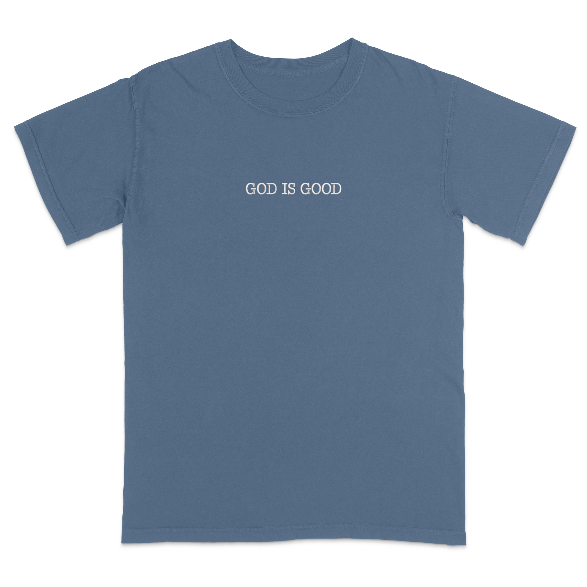 Blue t-shirt with 'GOD IS GOOD' text on a white background