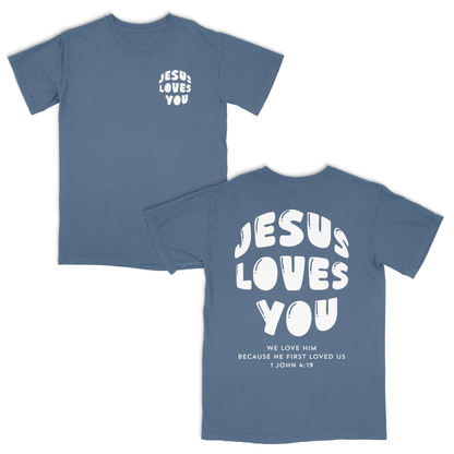 Blue t-shirt with 'Jesus Loves You' text on front and back