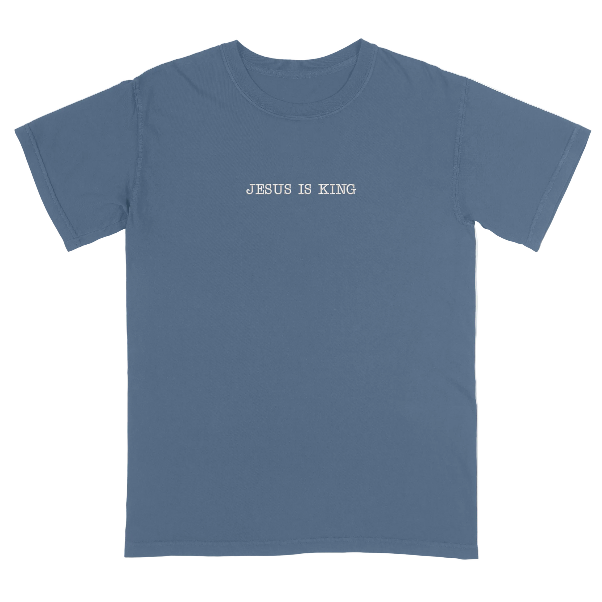 Blue t-shirt with 'Jesus is King' text on a white background