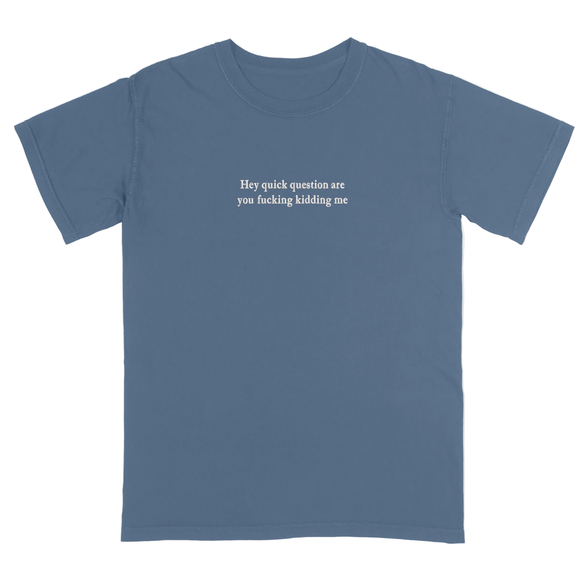 Blue t-shirt with 'Hey quick question are you fucking kidding me' text on a white background