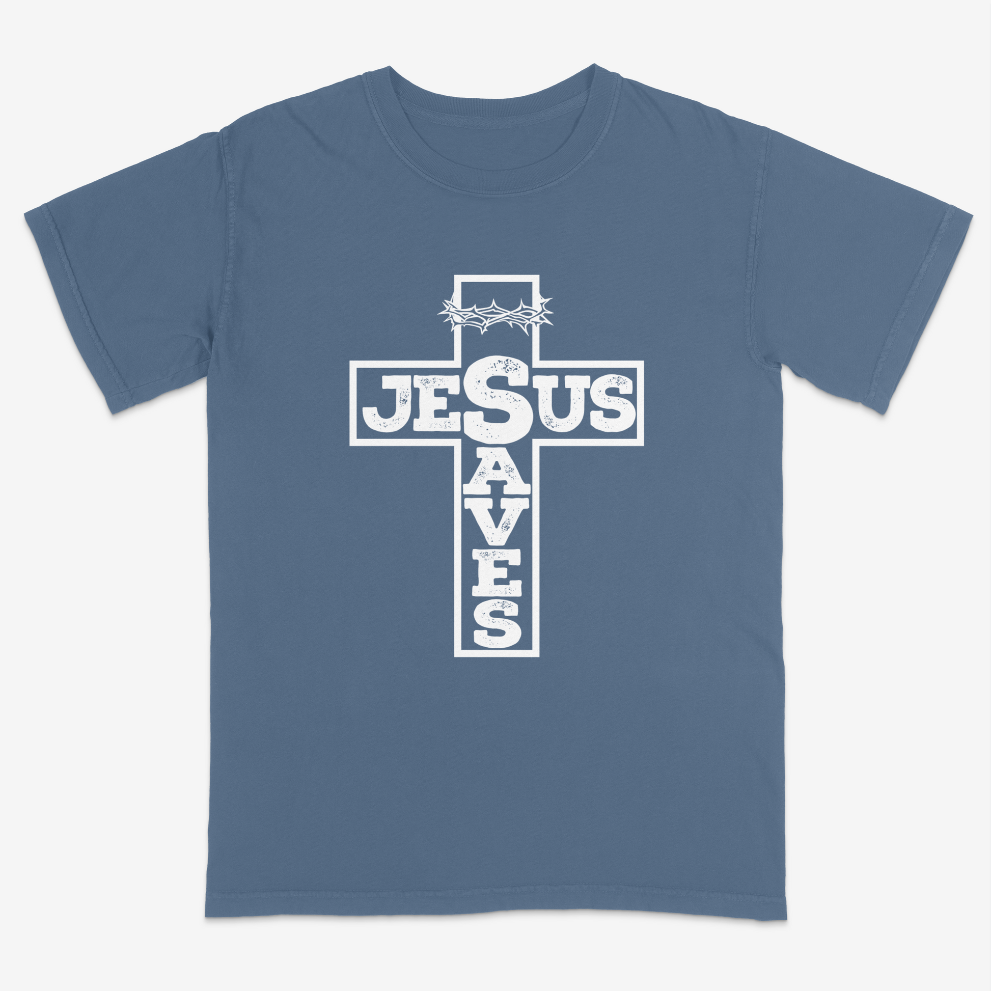 Blue jean faith-based graphic tee featuring a bold cross design with “Jesus Saves” typography and crown of thorns detail, combining vintage-inspired Christian artwork with a powerful message of salvation.