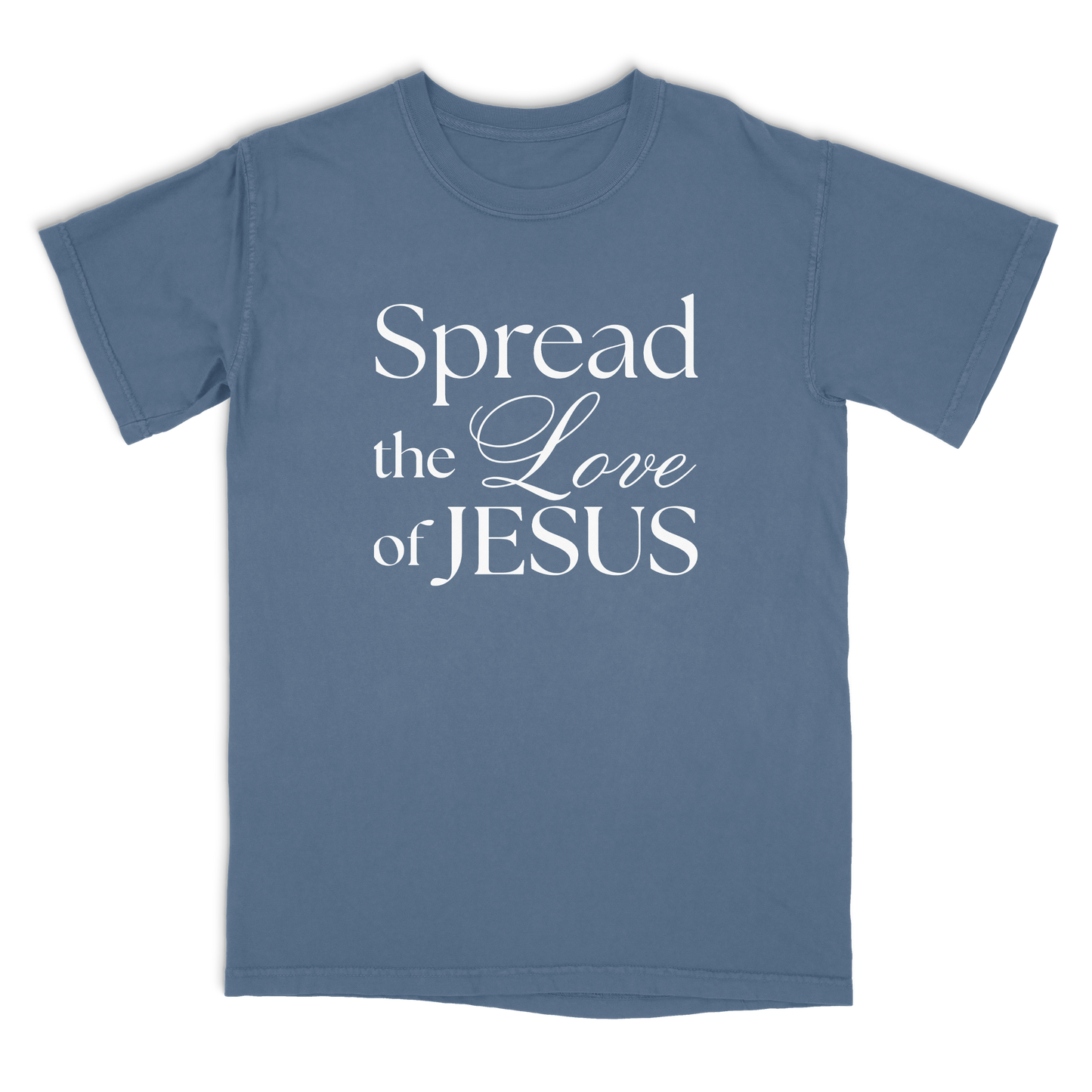 Blue t-shirt with 'Spread the Love of Jesus' text on a white background