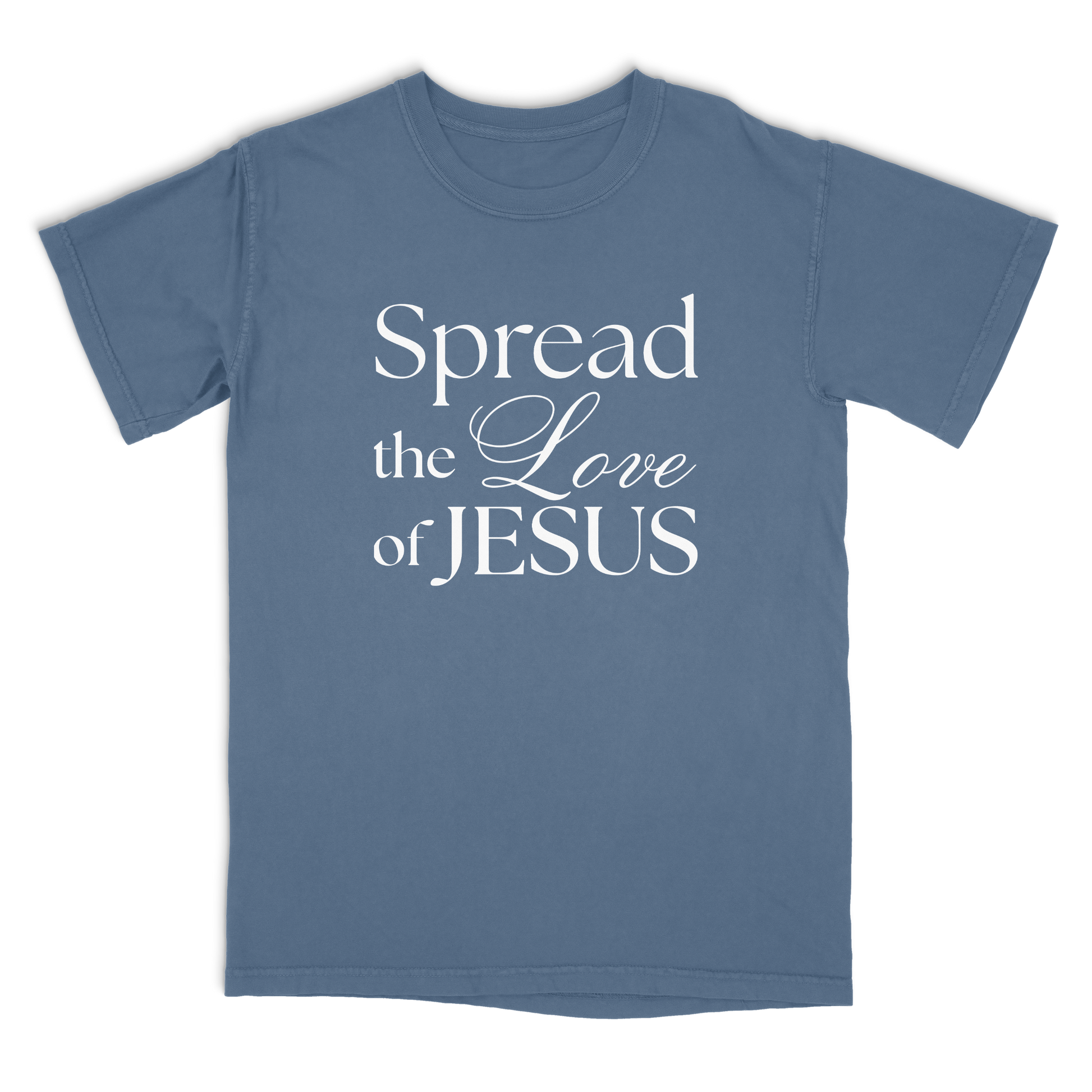 Blue t-shirt with 'Spread the Love of Jesus' text on a white background