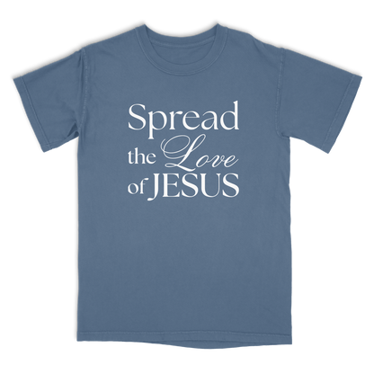 Blue t-shirt with 'Spread the Love of Jesus' text on a white background