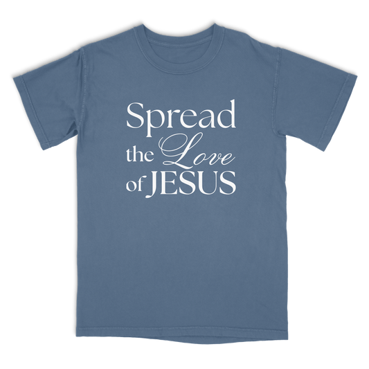 Blue t-shirt with 'Spread the Love of Jesus' text on a white background