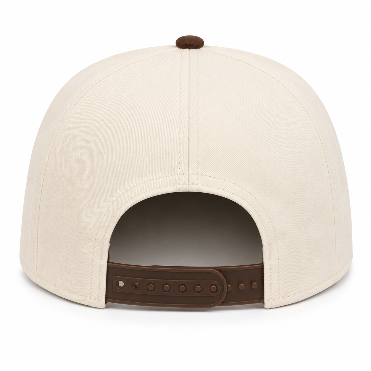 Back view of a cream snapback hat featuring a brown top button and an adjustable brown snapback closure. Displayed on a white background, showcasing the clean rear design and structured fit.