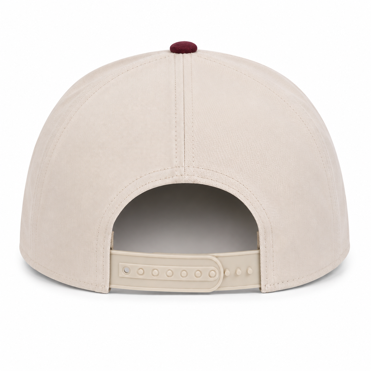 Back view of a cream and burgundy two-tone snapback hat featuring a clean, minimalist rear design with an adjustable plastic snap closure for a customizable fit. The hat showcases a cream crown with a matching cream snapback closure and a burgundy top button, offering a classic two-tone style inspired by Florida collegiate colors. Perfect for everyday wear, tailgates, and game day outfits.