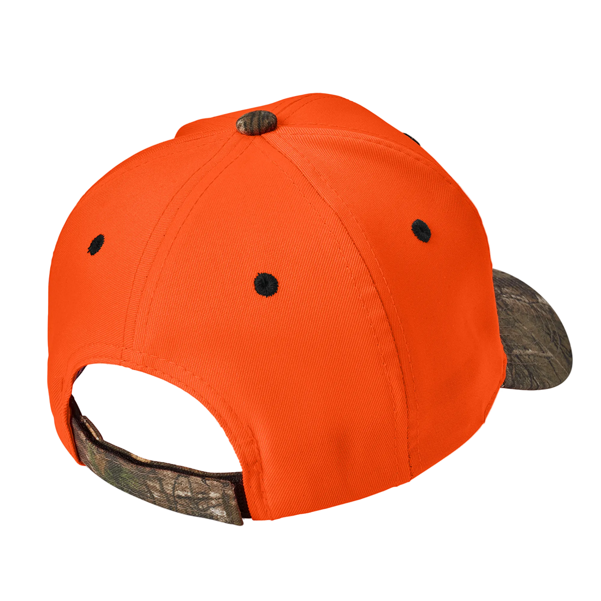 Orange Blaze and Realtree camo baseball cap back view featuring a camouflage hook-and-loop adjustable closure, high-visibility orange crown, and hunting-inspired outdoor design.