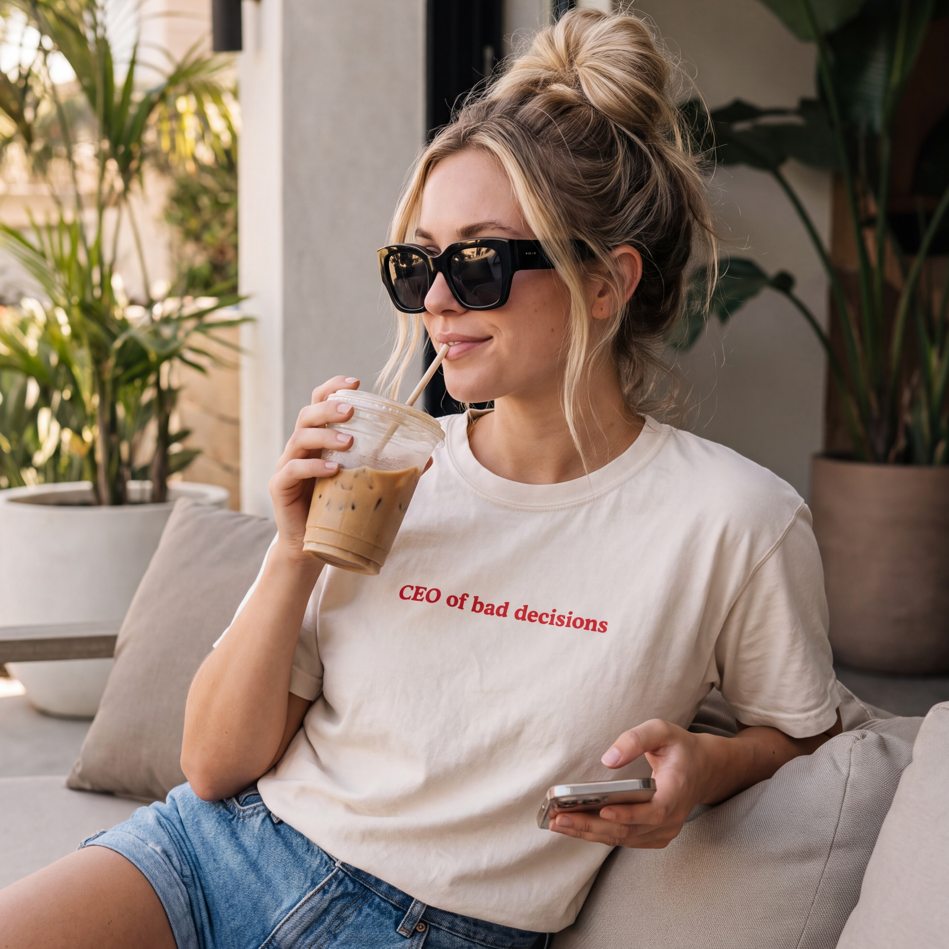 Woman wearing sunglasses and a cream graphic t-shirt reading “CEO of bad decisions,” sipping iced coffee while relaxing outdoors with her phone.