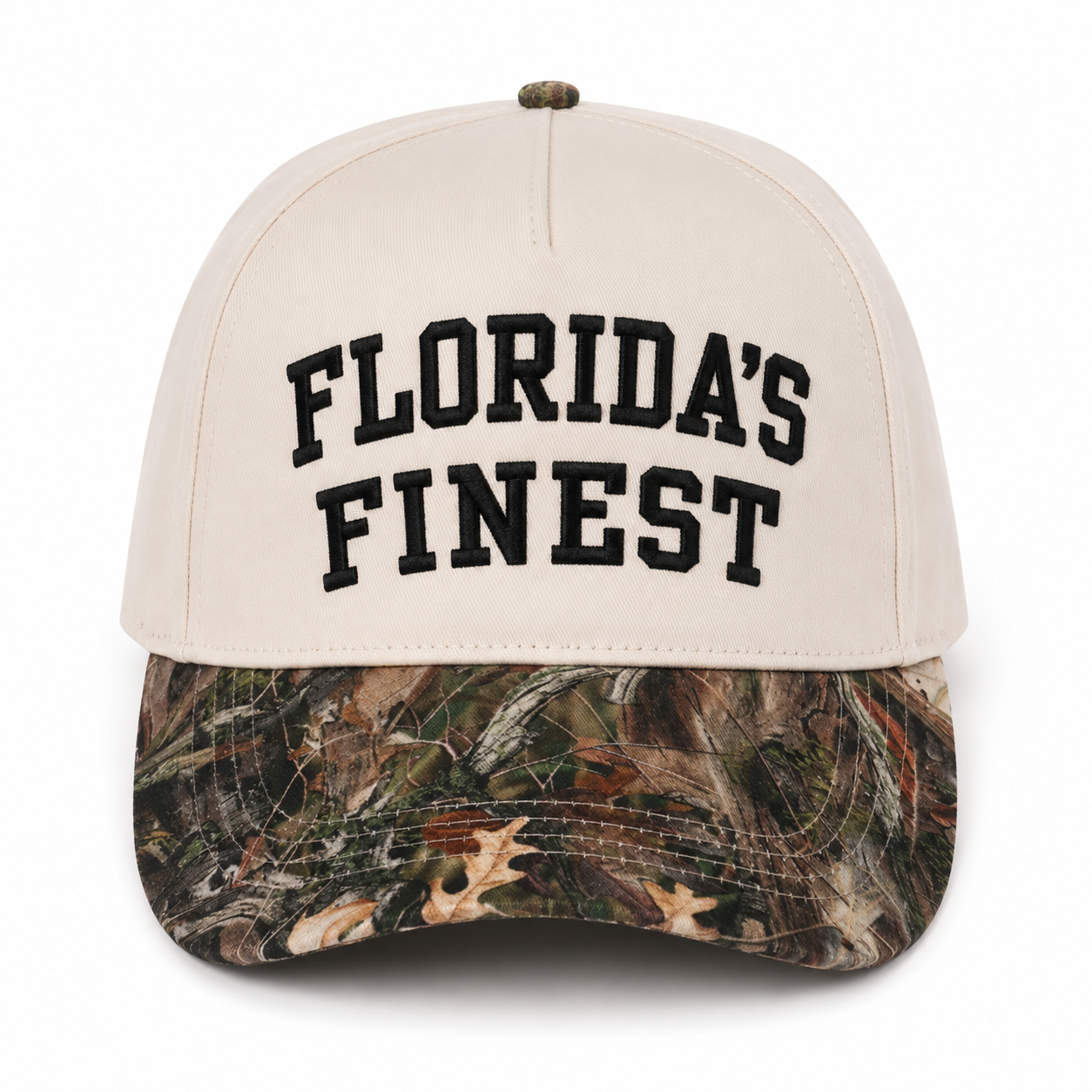 Florida’s Finest embroidered camo snapback hat featuring bold black lettering, cream crown, realistic woodland camouflage curved brim, structured fit, and outdoor-inspired Florida lifestyle design.