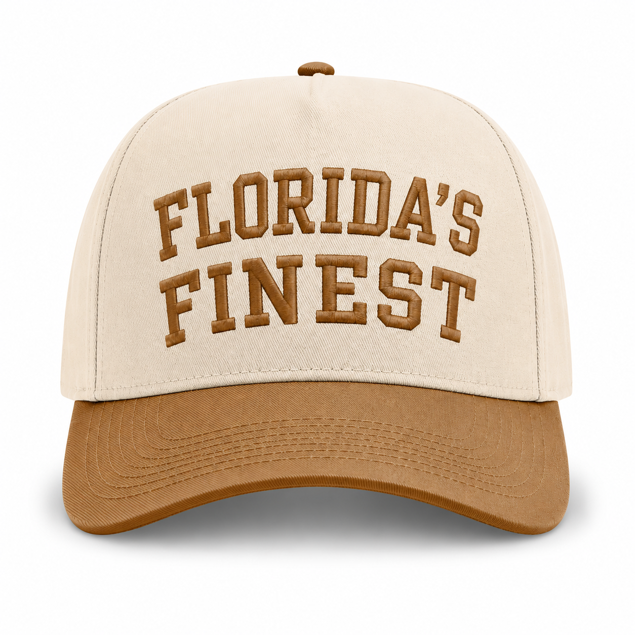 Cream and caramel baseball cap featuring bold caramel embroidered “Florida’s Finest” text on the front, contrasting caramel brim, and a structured crown for a classic vintage-inspired look.