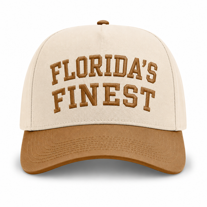 Cream and caramel baseball cap featuring bold caramel embroidered “Florida’s Finest” text on the front, contrasting caramel brim, and a structured crown for a classic vintage-inspired look.
