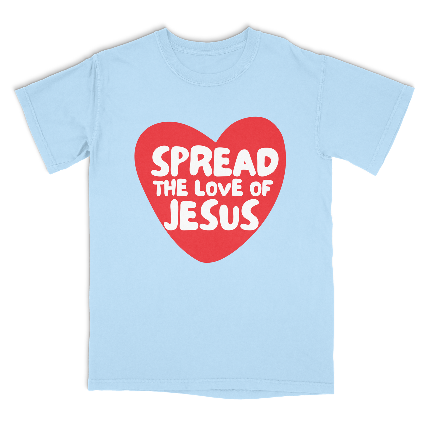 Light blue t-shirt with a red heart and white text 'Spread the Love of Jesus' on a white background