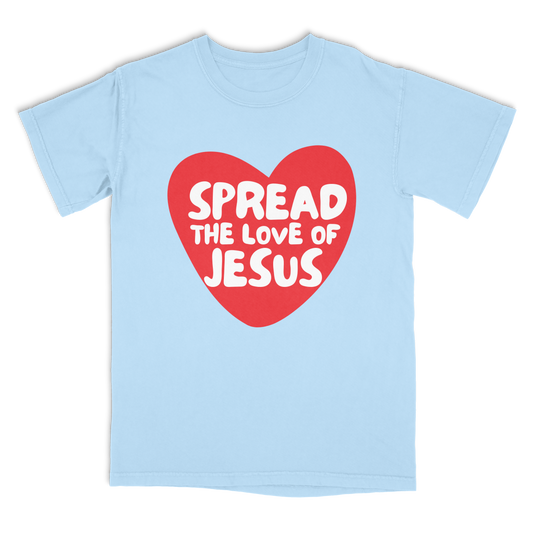 Light blue t-shirt with a red heart and white text 'Spread the Love of Jesus' on a white background