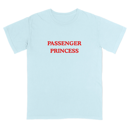 Light blue t-shirt with 'Passenger Princess' text in red on a light gray background