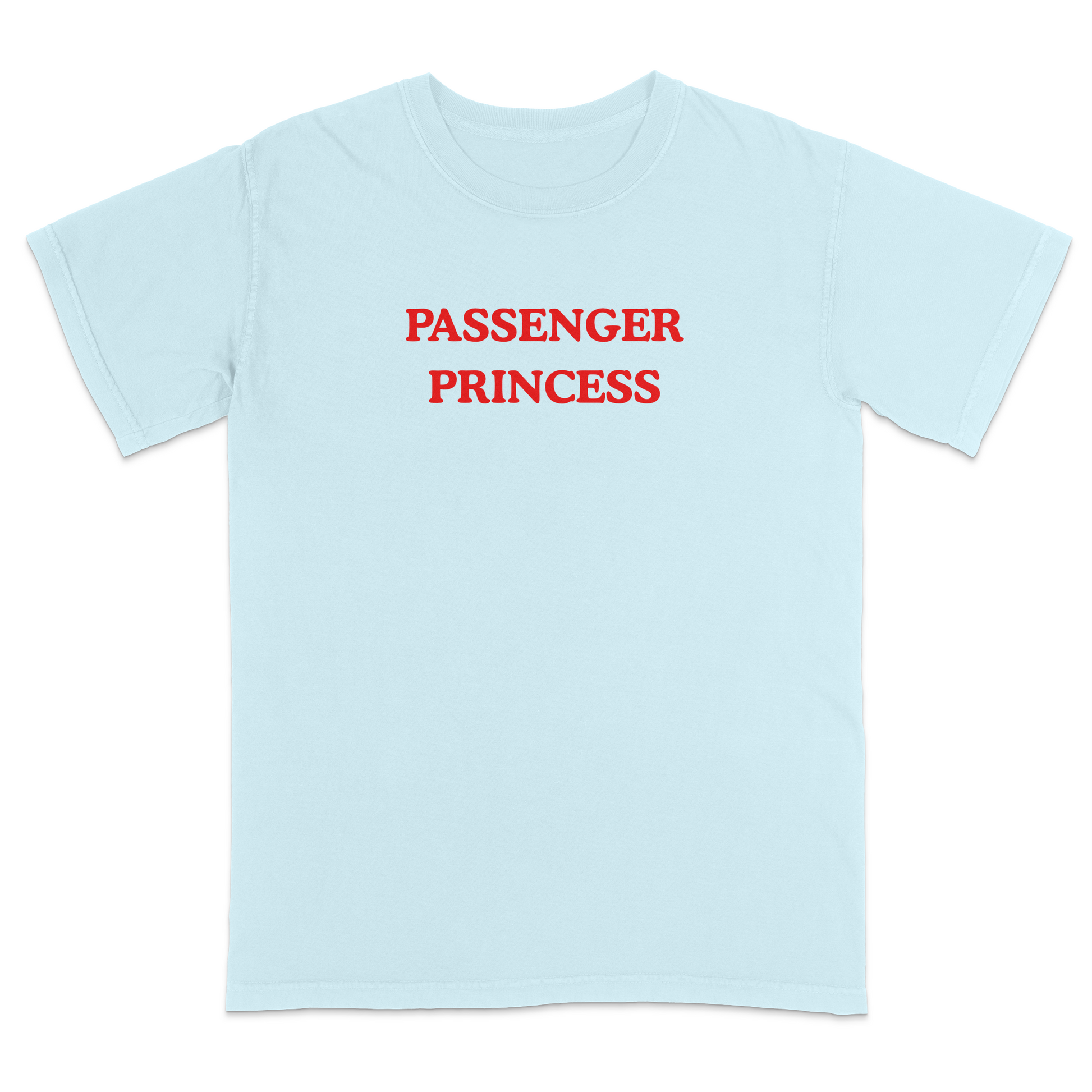 Front view of a light blue graphic T-shirt featuring the phrase "PASSENGER PRINCESS" in bold red vintage-style lettering centered across the chest. This minimalist graphic tee offers a playful automotive-inspired design, making it perfect for road trips, date nights, vacations, casual outings, and everyday wear.
