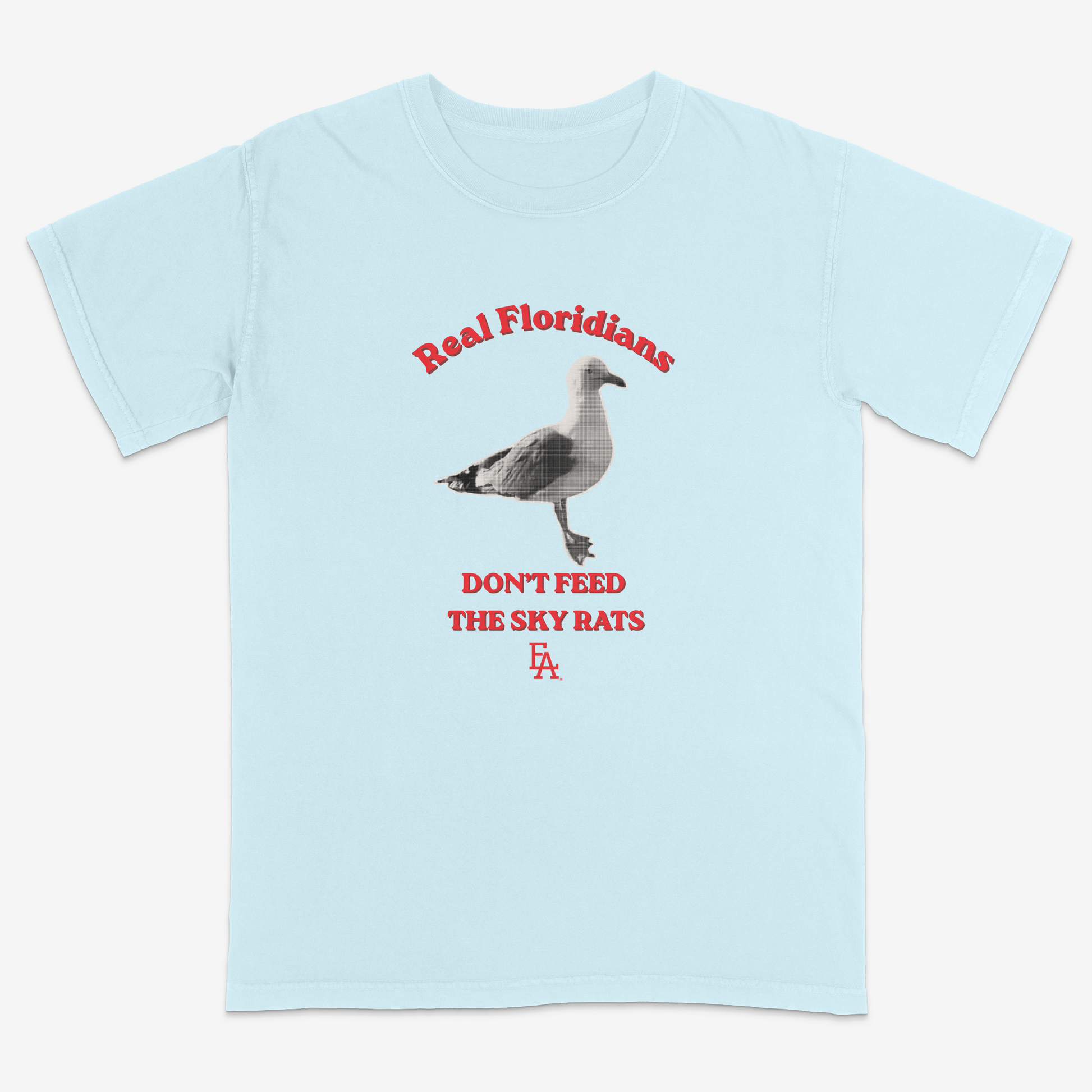Light blue t-shirt with a seagull graphic and text on a white background