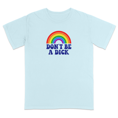 Front view of an light blue graphic T-shirt featuring a retro-style rainbow above the bold navy phrase "DON'T BE A DICK." This vintage-inspired humor tee combines colorful retro aesthetics with a funny, blunt message, making it perfect for casual everyday wear and conversation-starting style.