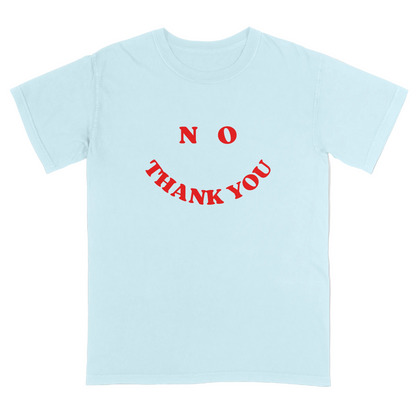 Light blue t-shirt with red text 'NO THANK YOU' on a light grey background
