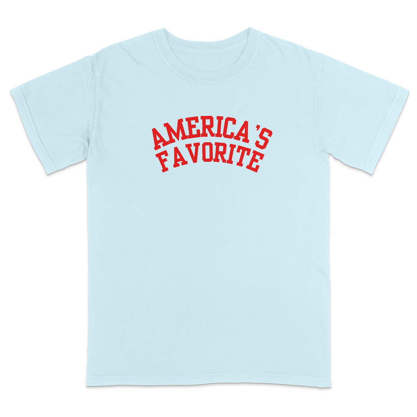 Chambray patriotic graphic tee with bold red varsity-style “America’s Favorite” lettering, featuring a clean minimalist Americana design perfect for casual Fourth of July and USA pride apparel.