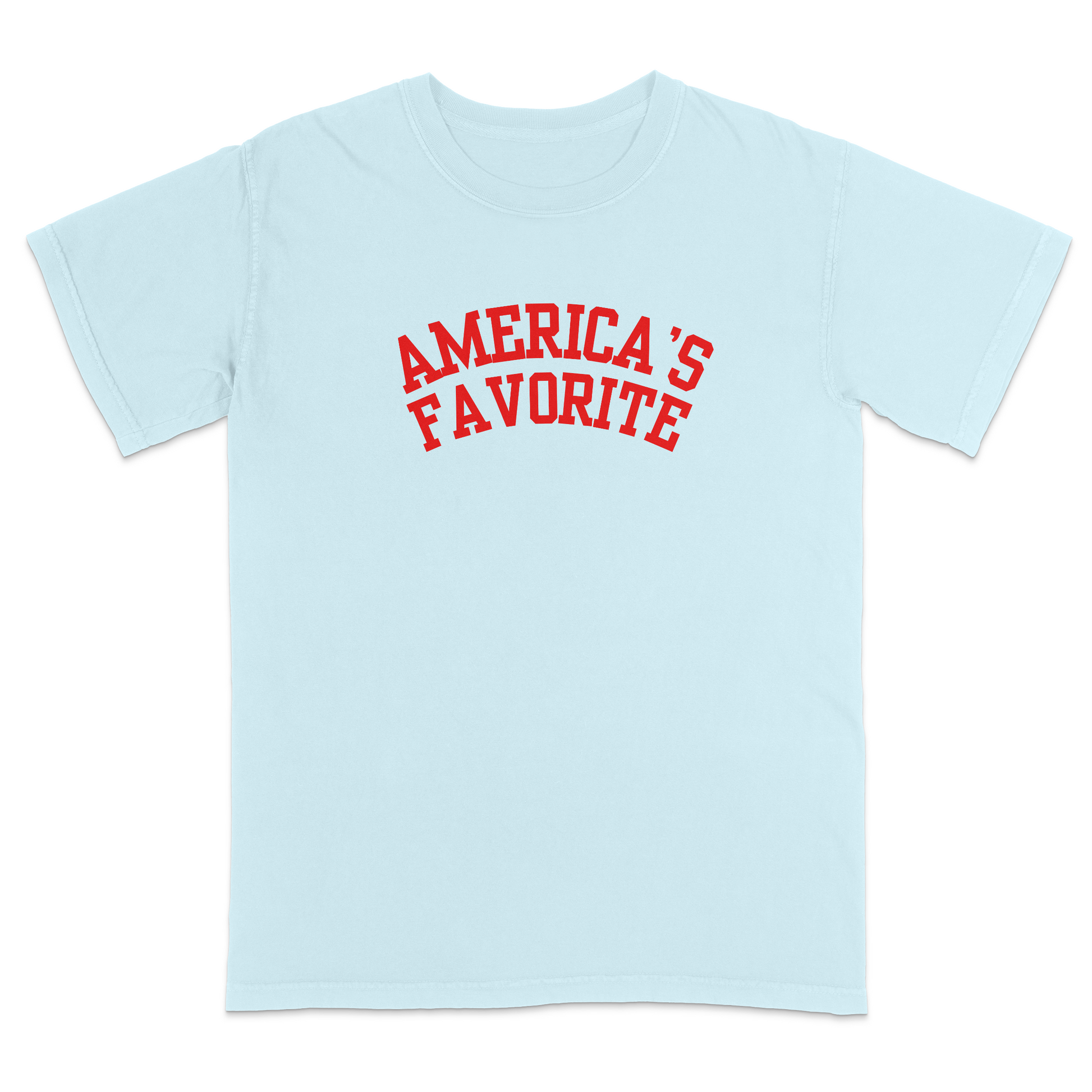 Chambray patriotic graphic tee with bold red varsity-style “America’s Favorite” lettering, featuring a clean minimalist Americana design perfect for casual Fourth of July and USA pride apparel.
