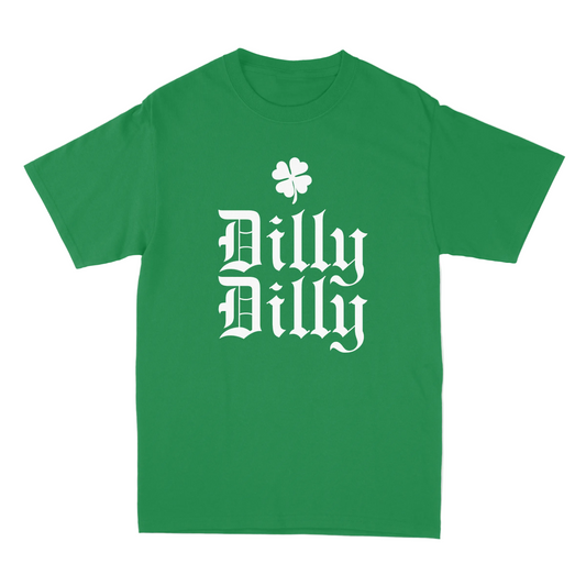 Green t-shirt with 'Dilly Dilly' text and clover leaf on a white background