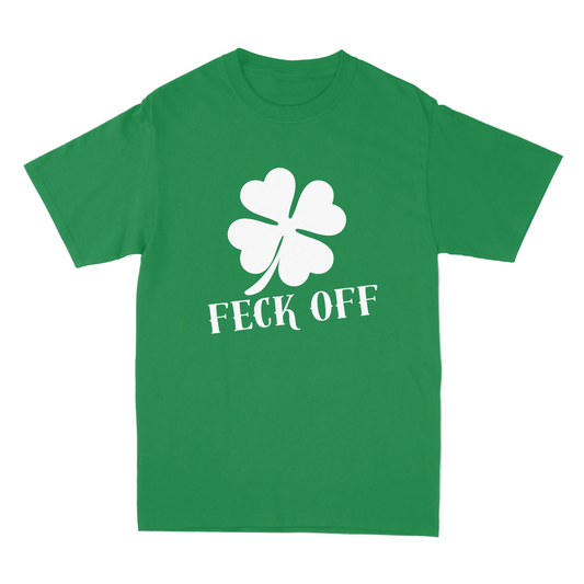 Green t-shirt with a white four-leaf clover graphic and 'Feck Off' text on a light gray background