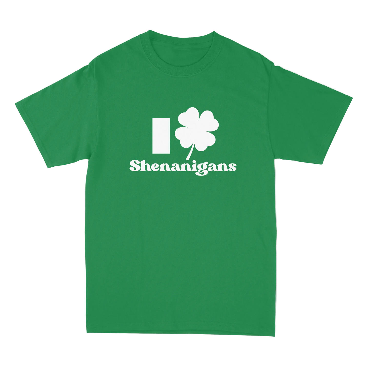 Green t-shirt with white graphic and text on a light gray background