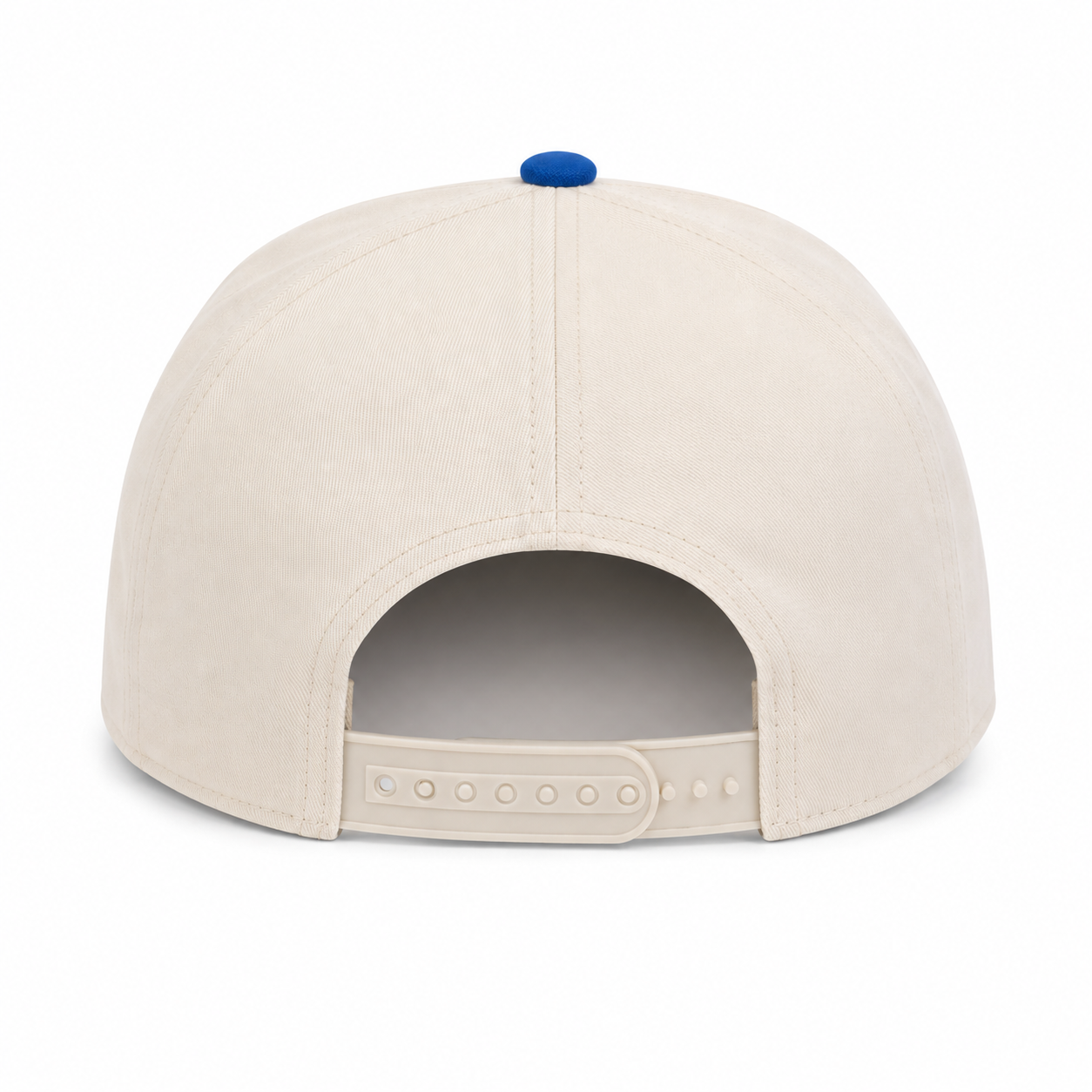 Back view of a cream and royal blue two-tone snapback hat featuring a clean, unstructured rear design with an adjustable cream plastic snap closure for a customizable fit. The hat includes a cream crown with a matching snapback closure and a royal blue top button, offering a classic, versatile look perfect for everyday wear, tailgates, beach days, and showcasing Florida pride.