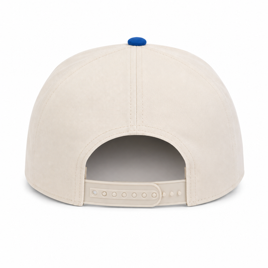 Back view of a cream and royal blue two-tone snapback hat featuring a clean, unstructured rear design with an adjustable cream plastic snap closure for a customizable fit. The hat includes a cream crown with a matching snapback closure and a royal blue top button, offering a classic, versatile look perfect for everyday wear, tailgates, beach days, and showcasing Florida pride.