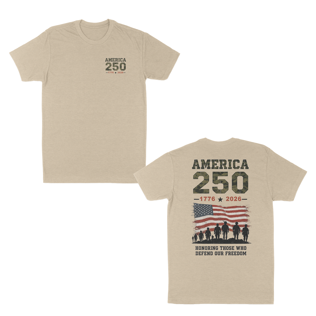 Cream patriotic America 250 t-shirt featuring a small front chest graphic and large back design with distressed American flag, military silhouettes, “1776–2026” anniversary artwork, and “Honoring Those Who Defend Our Freedom” tribute message.