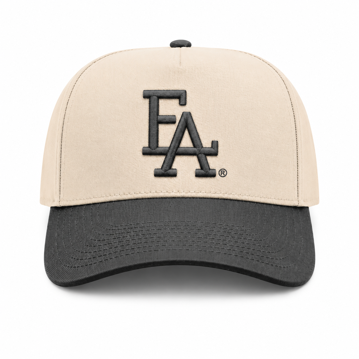 Cream and black baseball cap featuring a bold black embroidered “FLA” logo on the front, contrasting black brim, and a structured crown for a clean two-tone streetwear look.