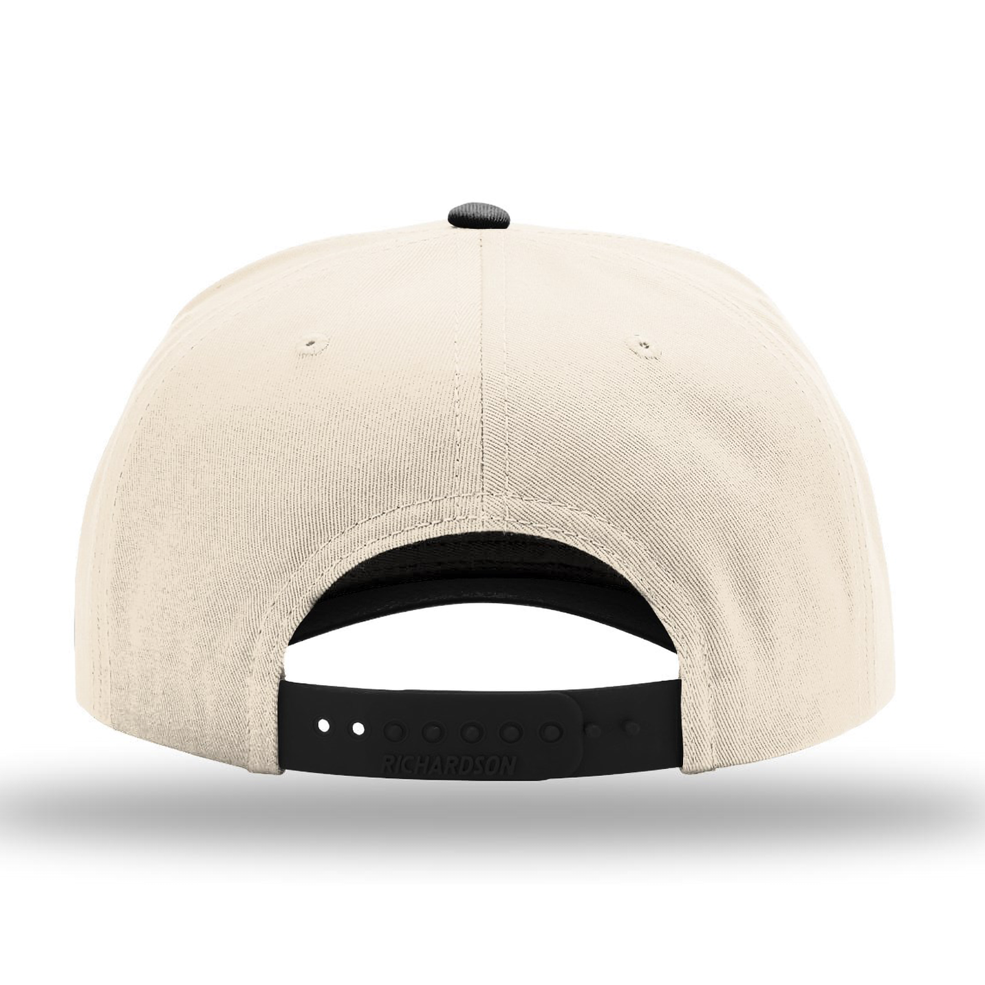 Cream and black snapback cap back view featuring an adjustable black Richardson snap closure, structured crown, and clean two-tone design.