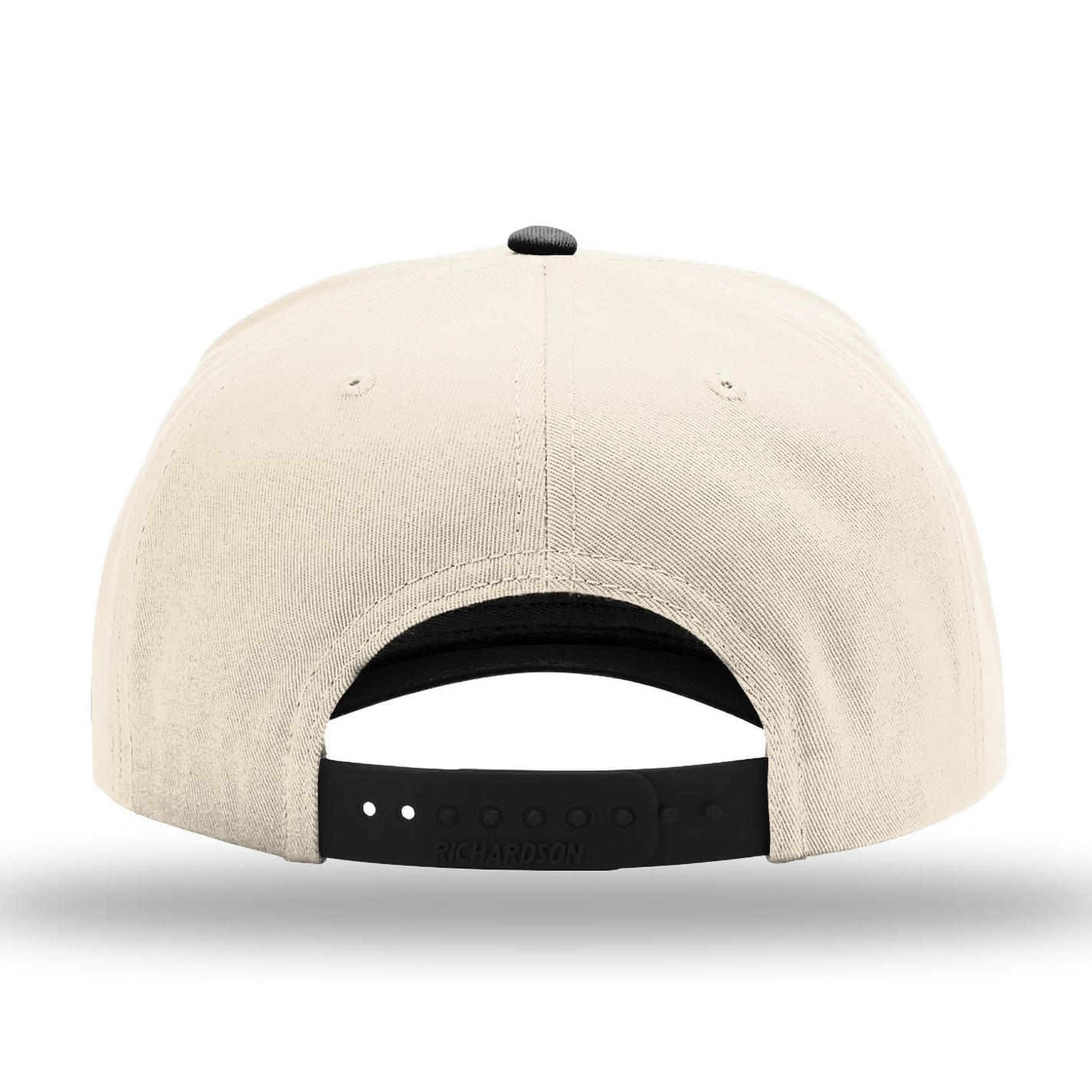 Back view of a cream and black two-tone snapback hat featuring a clean, minimalist rear design with an adjustable black plastic snap closure for a customizable fit. The hat showcases a cream crown with a matching cream rear panel and a black top button, creating a classic two-tone look. Designed for comfort and everyday wear, this versatile snapback pairs effortlessly with casual and streetwear styles.