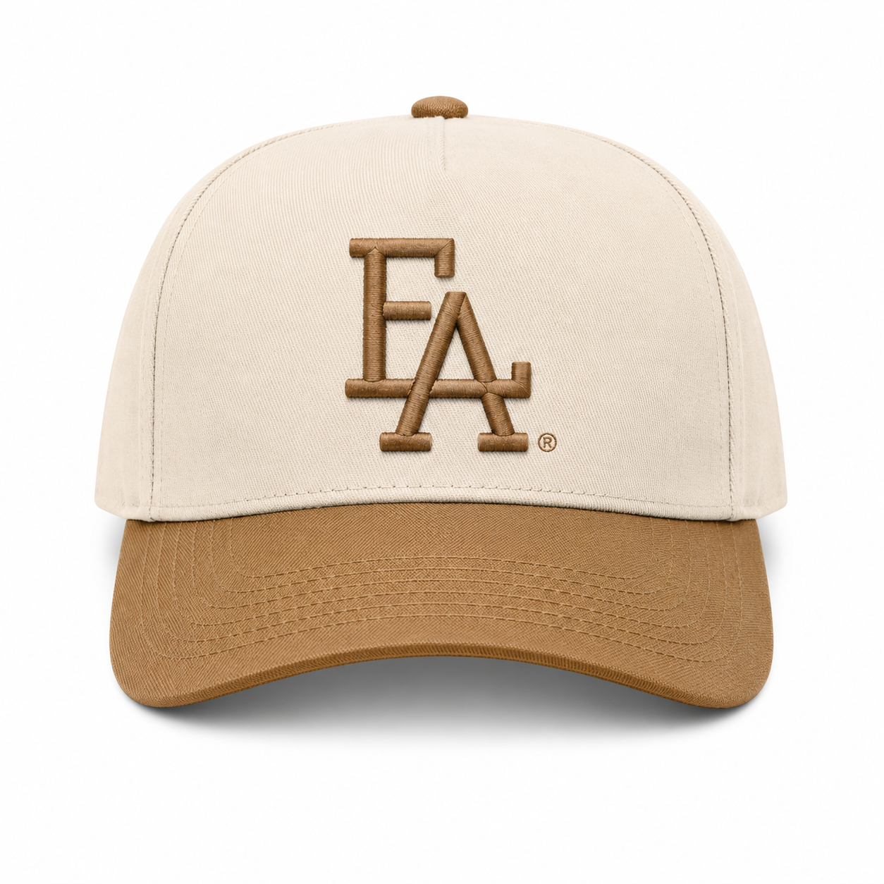 Cream and caramel brown baseball cap featuring a tonal embroidered “FLA” logo on the front, contrasting caramel brim, and a structured crown for a clean vintage-inspired style.