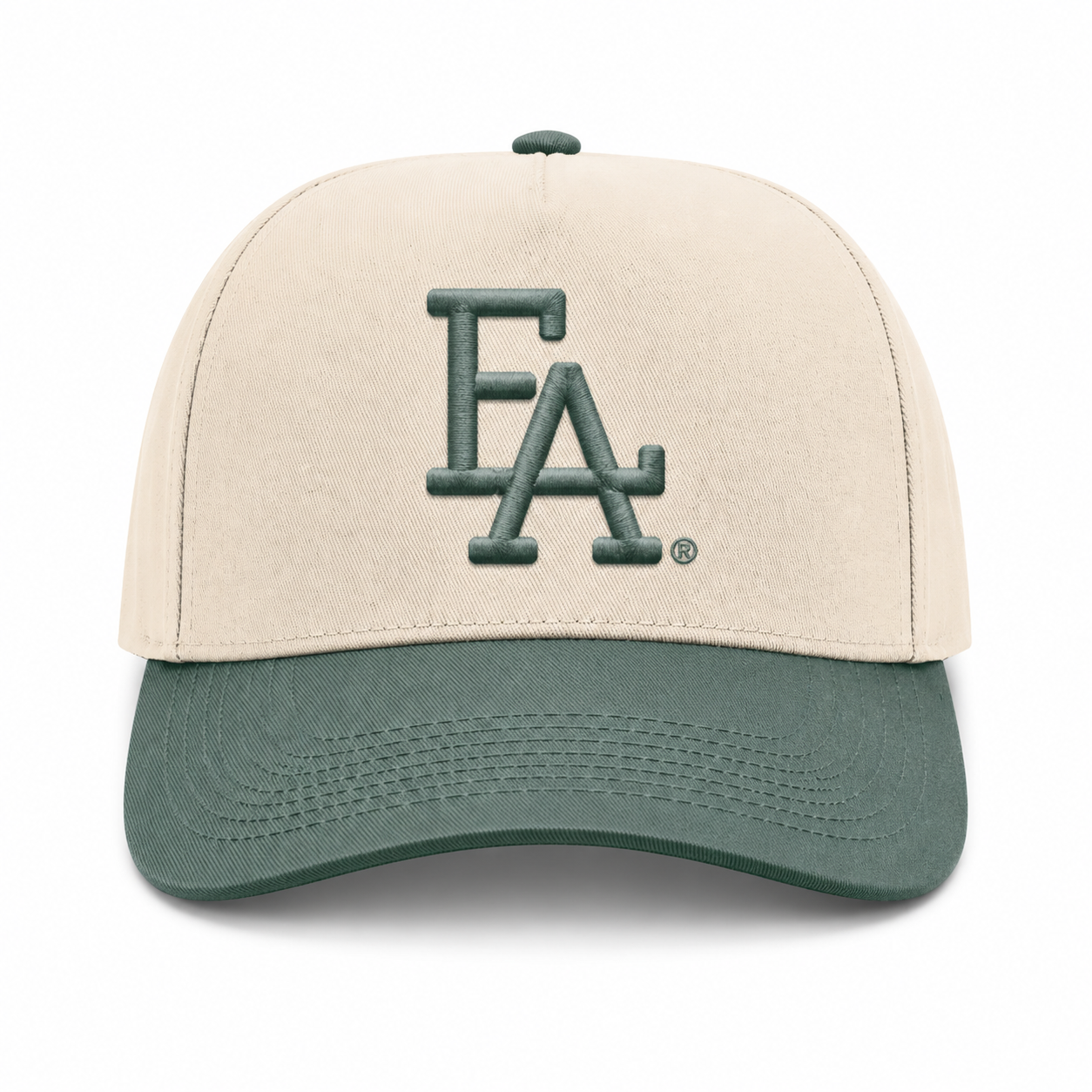 Cream and dark green baseball cap featuring a tonal green embroidered “FLA” logo on the front, contrasting green brim, and a structured crown for a clean vintage-inspired look.