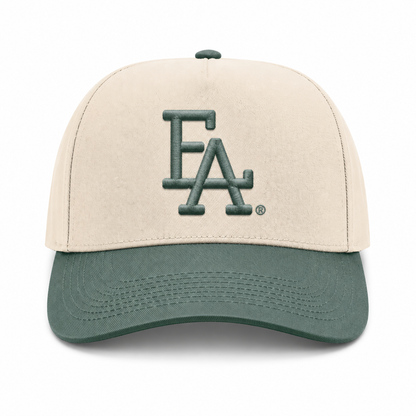 Cream and dark green baseball cap featuring a tonal green embroidered “FLA” logo on the front, contrasting green brim, and a structured crown for a clean vintage-inspired look.