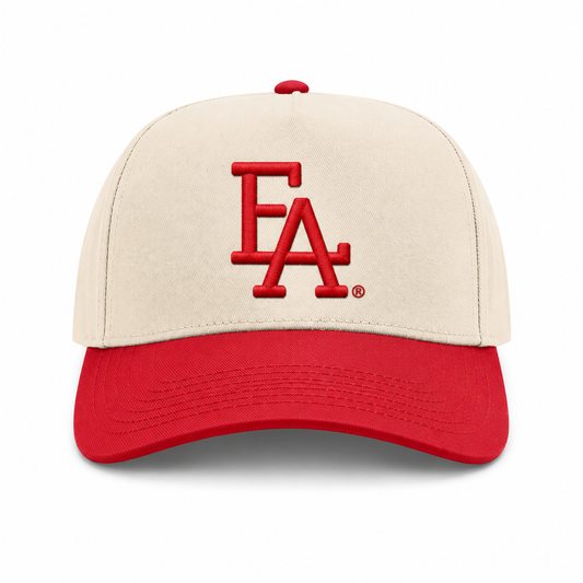 Cream and red baseball cap featuring a bold red embroidered “FLA” logo on the front, contrasting red brim, and a structured crown for a classic two-tone look.
