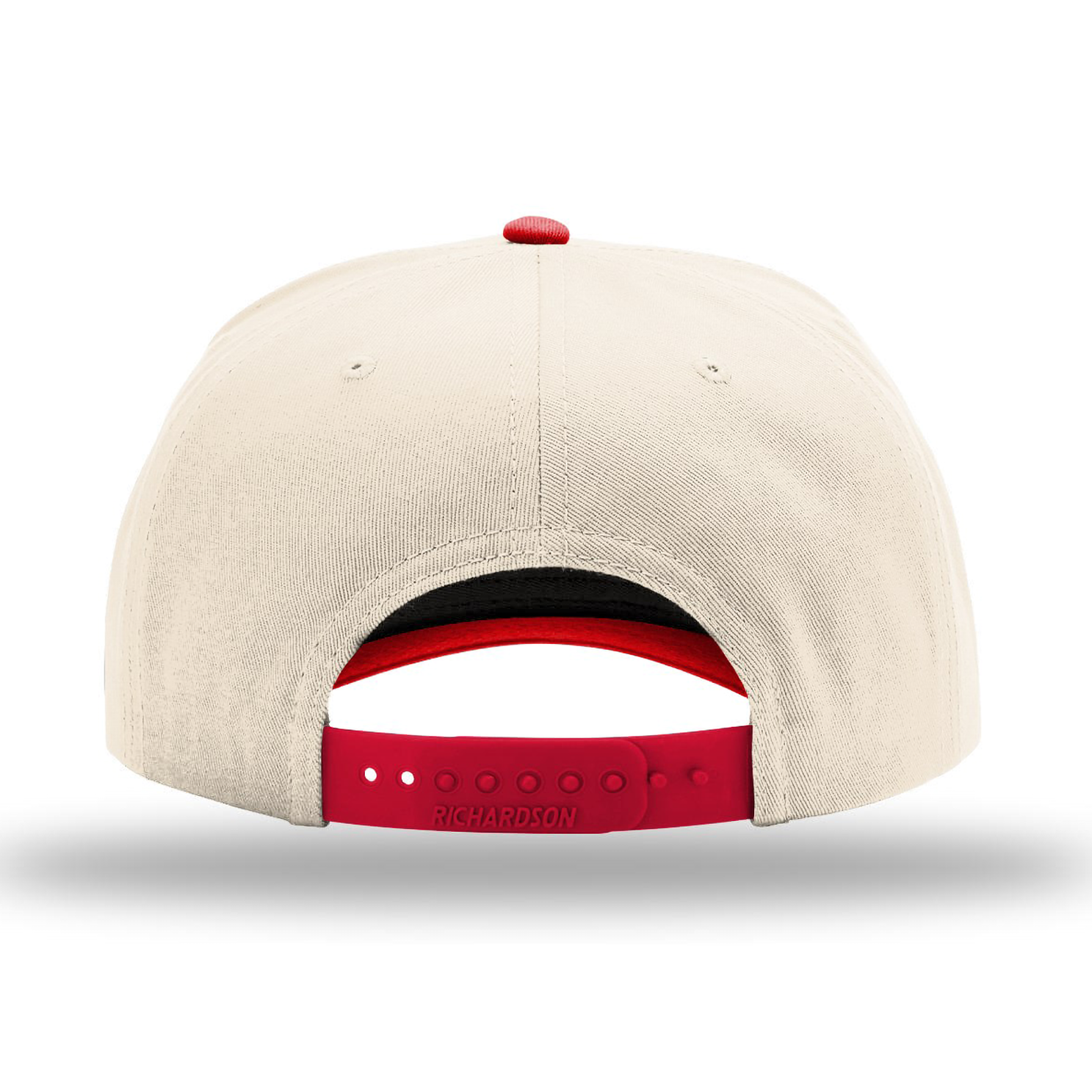 Cream and red snapback cap back view featuring an adjustable red Richardson snap closure, structured crown, and clean two-tone design.