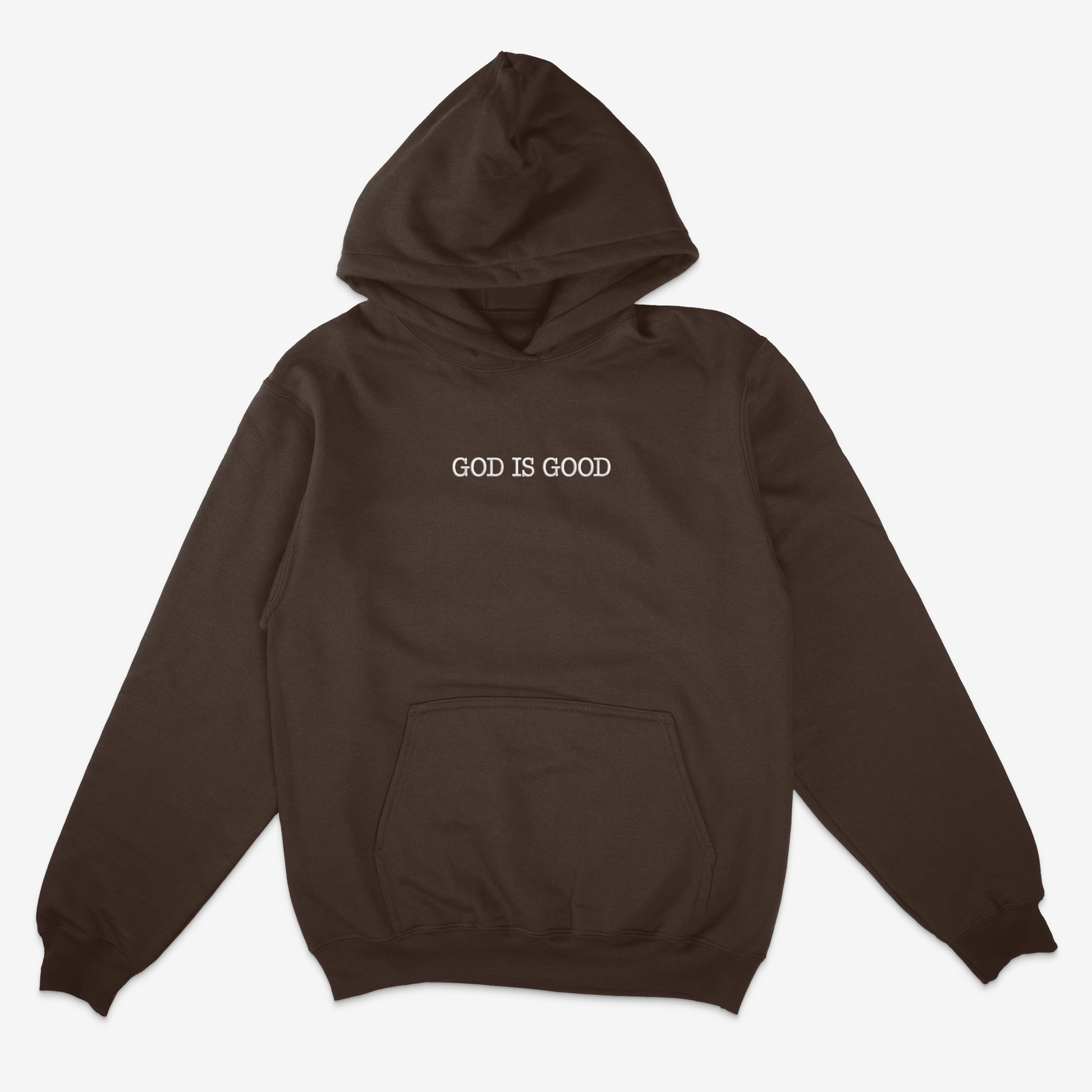 Dark chocolate hoodie with 'GOD IS GOOD' text on a white background