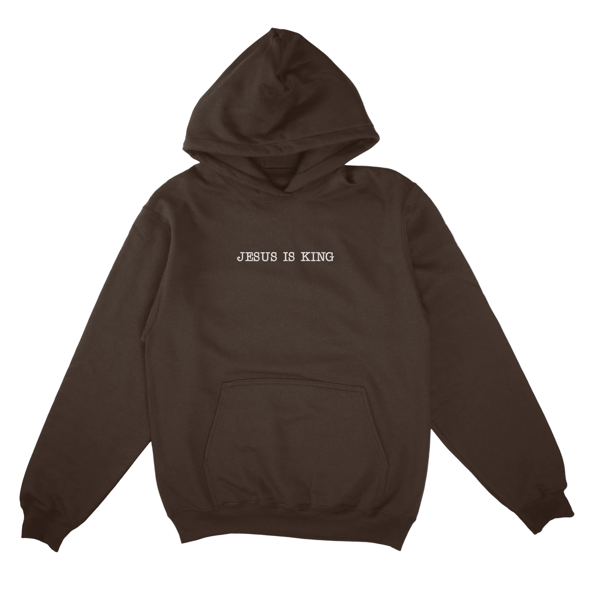 Dark Chocolate hoodie with 'Jesus is King' text on a white background
