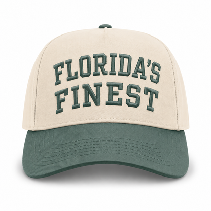 Cream and dark green baseball cap featuring bold dark green embroidered “Florida’s Finest” text on the front, contrasting dark green brim, and a structured crown for a classic vintage-inspired look.