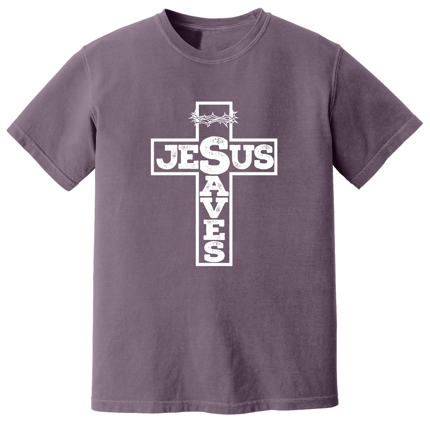 Dusk faith-based graphic tee featuring a bold cross design with “Jesus Saves” typography and crown of thorns detail, combining vintage-inspired Christian artwork with a powerful message of salvation.