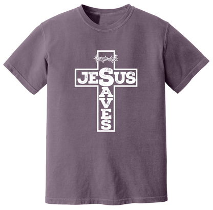 Dusk faith-based graphic tee featuring a bold cross design with “Jesus Saves” typography and crown of thorns detail, combining vintage-inspired Christian artwork with a powerful message of salvation.