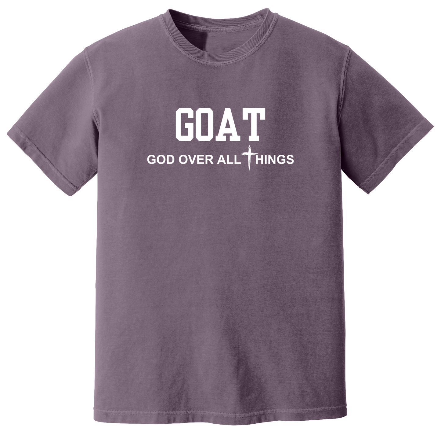 Dusk faith-based Christian t-shirt featuring the bold word “GOAT” across the chest with the phrase “God Over All Things” underneath and a white cross graphic. Inspirational religious apparel designed for believers, church events, youth groups, Christian streetwear, Bible study gatherings, and everyday faith-centered fashion.
