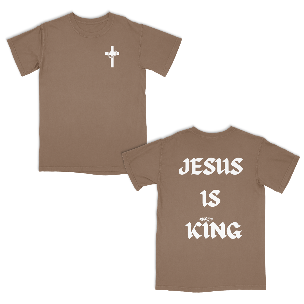 Brown t-shirt with a white cross on the front and 'Jesus is King' text on the back.