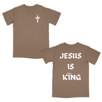 Brown t-shirt with a white cross on the front and 'Jesus is King' text on the back.