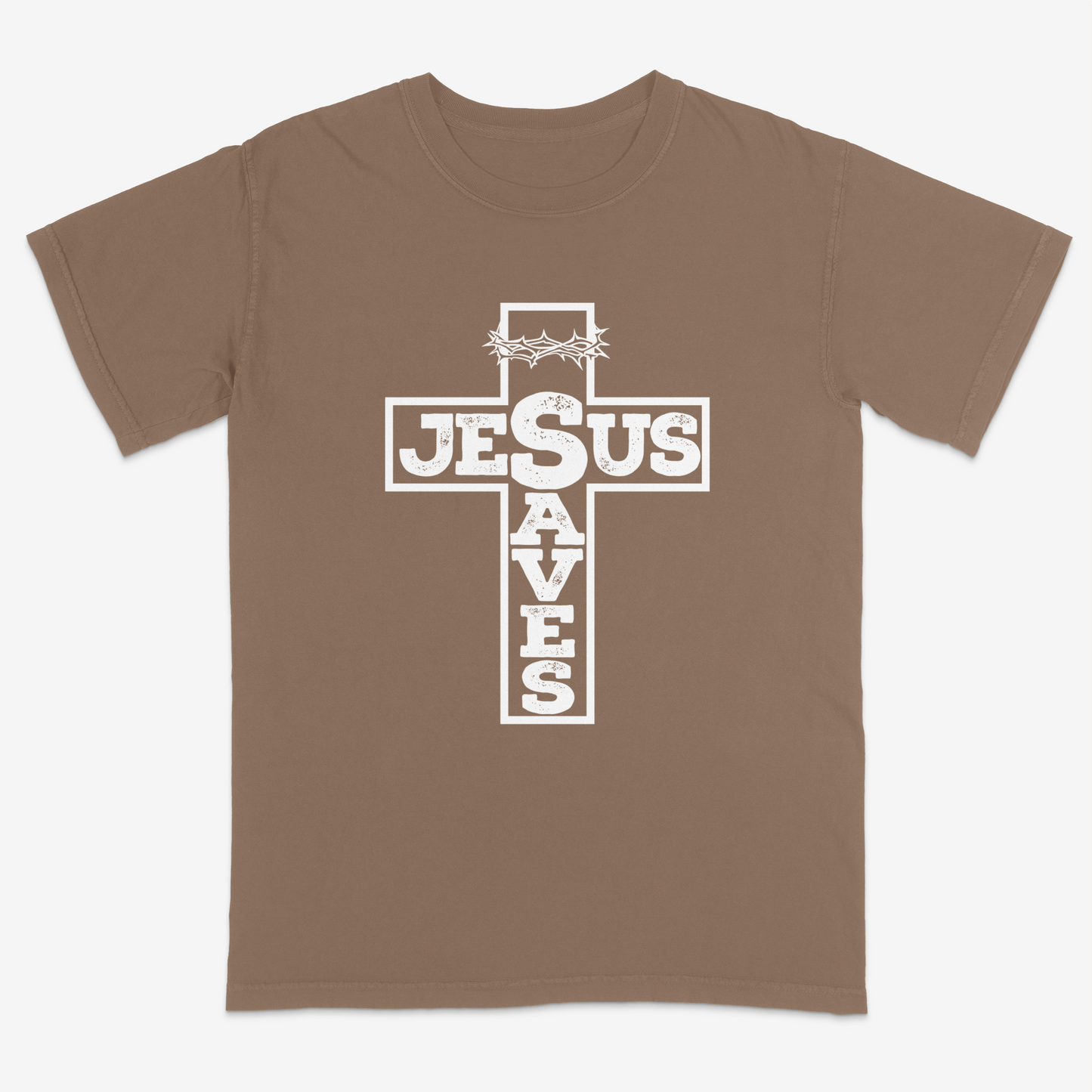 Espresso faith-based graphic tee featuring a bold cross design with “Jesus Saves” typography and crown of thorns detail, combining vintage-inspired Christian artwork with a powerful message of salvation.