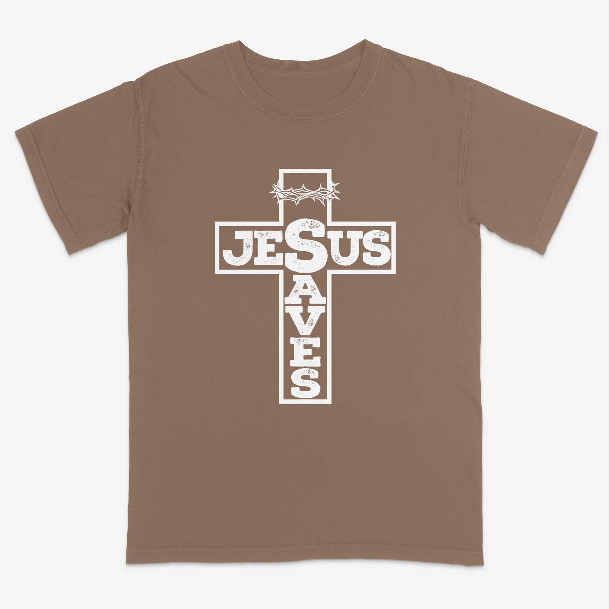 Espresso faith-based graphic tee featuring a bold cross design with “Jesus Saves” typography and crown of thorns detail, combining vintage-inspired Christian artwork with a powerful message of salvation.